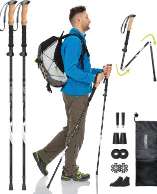 7075 Hiking Poles Collapsible Lightweight, Aircraft-Grade Aluminum Trekking Poles, Adjustable Hiking Sticks with Cork Grip, Folding Walking Sticks for Women Men Seniors, 2PC, Black