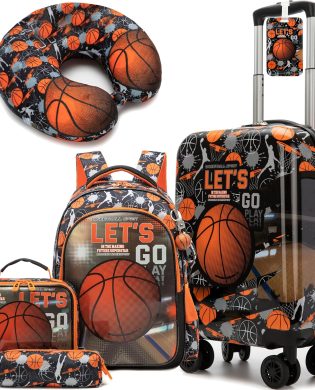 Kids Basketball Suitcase Set for Boys Hardside Luggage with Spinner Wheels 5 Piece 16inch Toddler Suitcase for Boys Travel Carry on Luggage Airline Approved