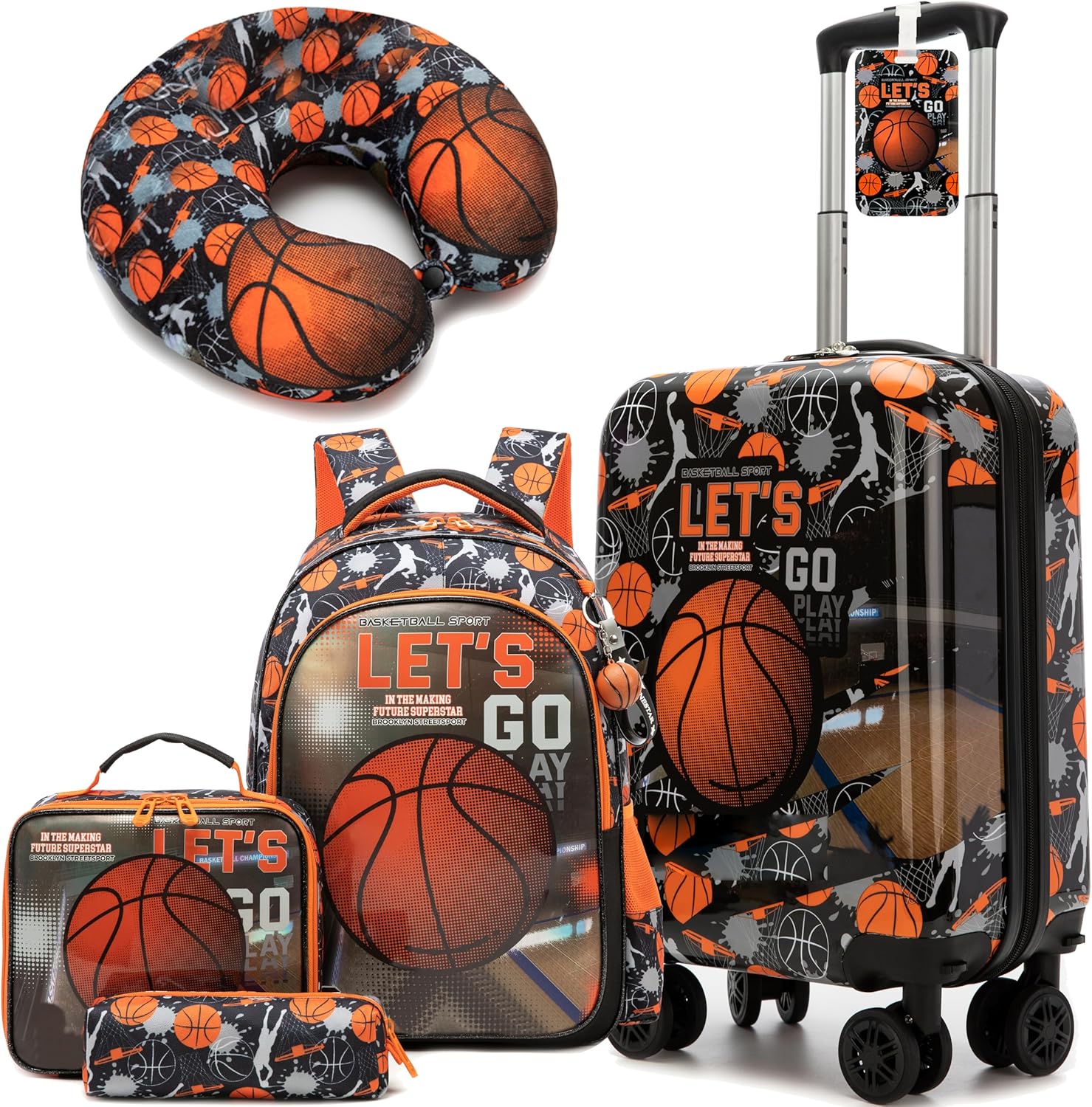Kids Basketball Suitcase Set for Boys Hardside Luggage with Spinner Wheels 5 Piece 16inch Toddler Suitcase for Boys Travel Carry on Luggage Airline Approved