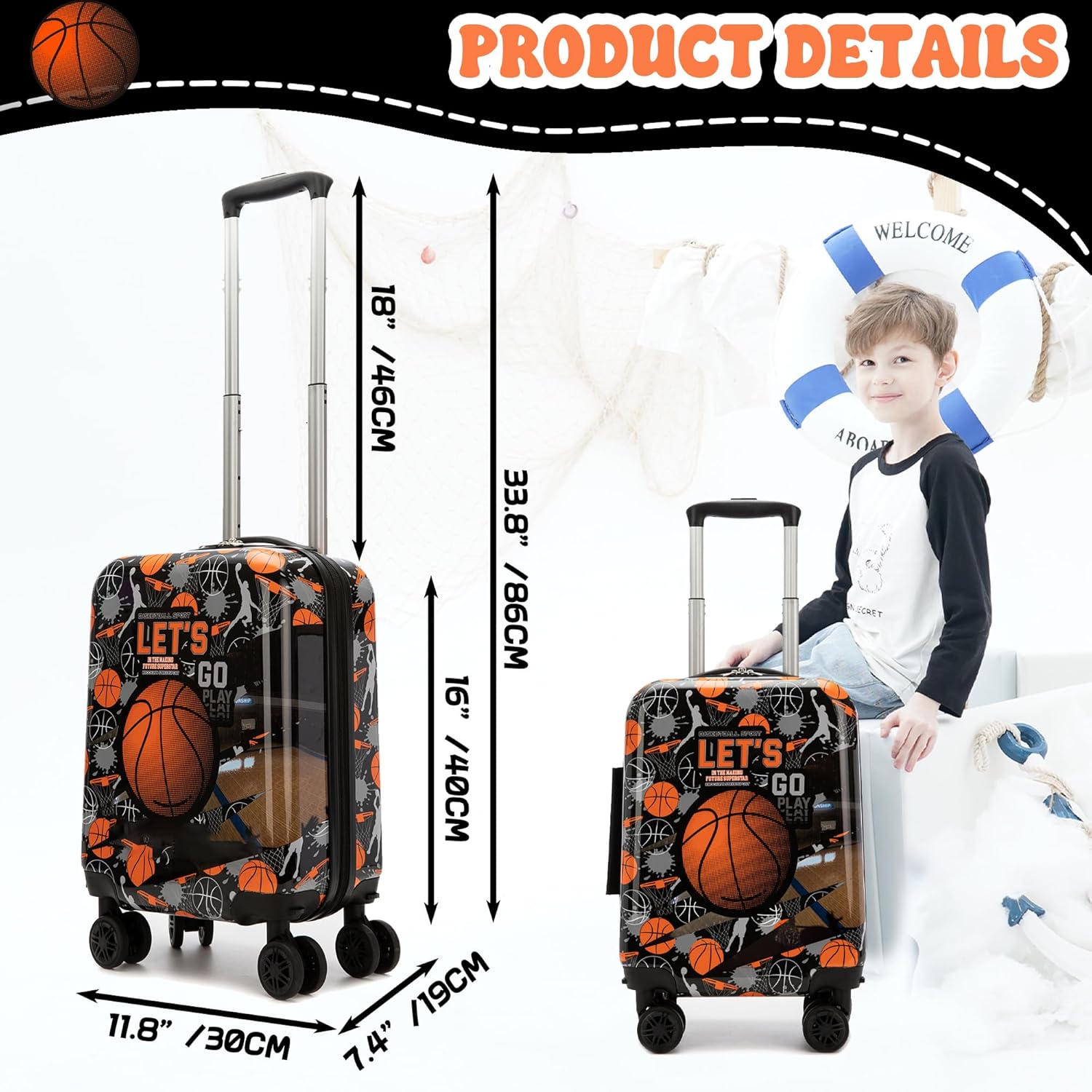 Kids Basketball Suitcase Set for Boys Hardside Luggage with Spinner Wheels 5 Piece 16inch Toddler Suitcase for Boys Travel Carry on Luggage Airline Approved - Image 2