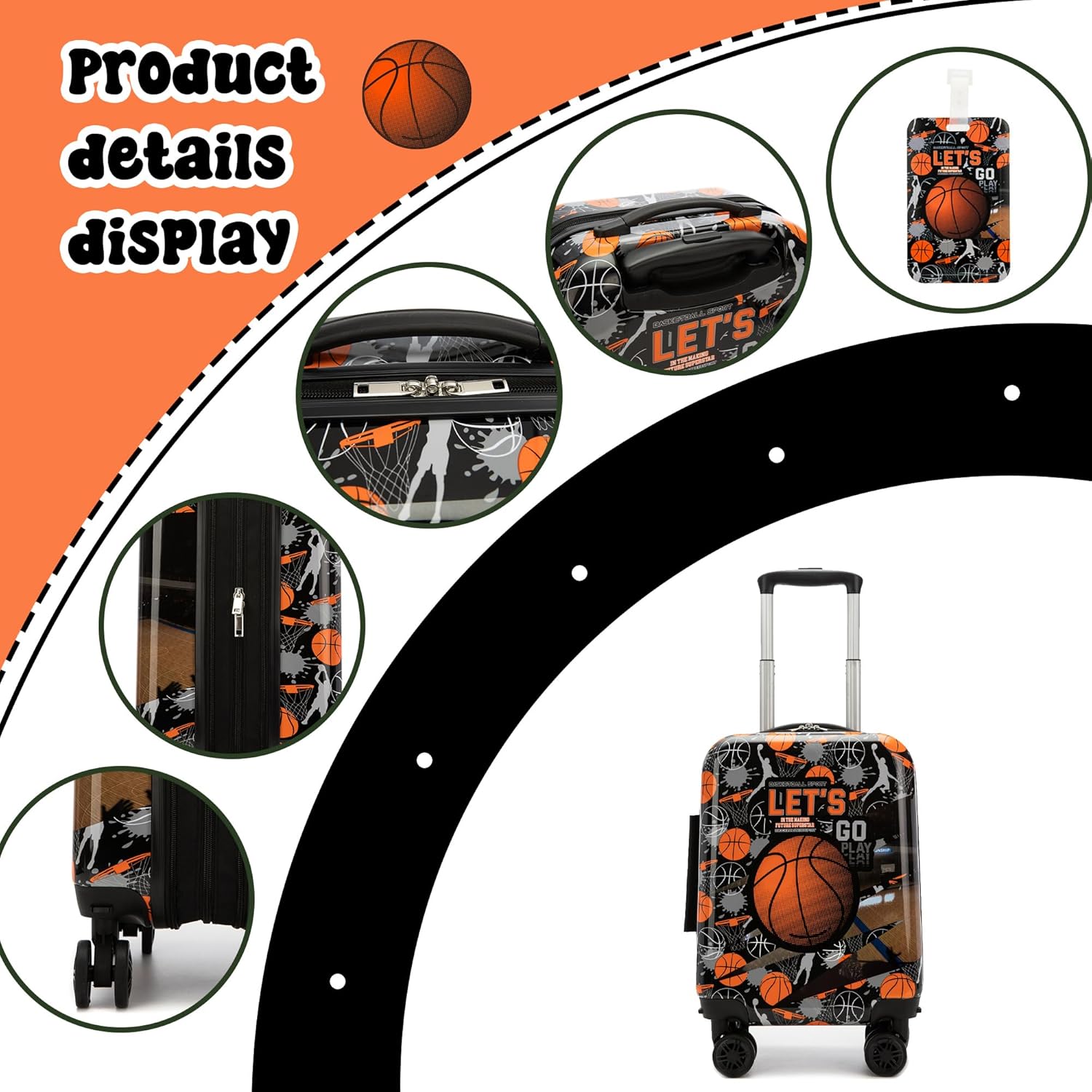Kids Basketball Suitcase Set for Boys Hardside Luggage with Spinner Wheels 5 Piece 16inch Toddler Suitcase for Boys Travel Carry on Luggage Airline Approved - Image 3