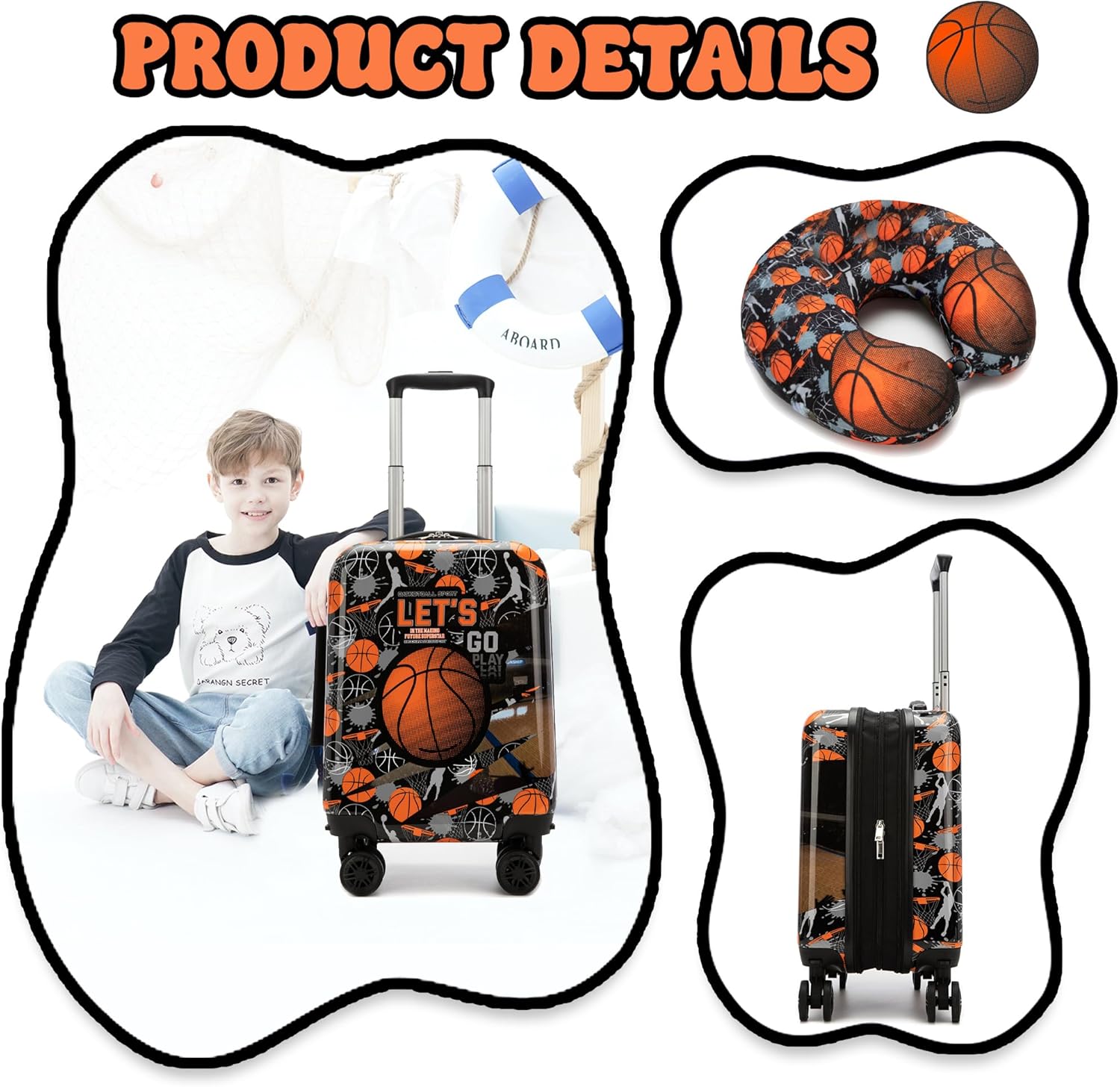 Kids Basketball Suitcase Set for Boys Hardside Luggage with Spinner Wheels 5 Piece 16inch Toddler Suitcase for Boys Travel Carry on Luggage Airline Approved - Image 4