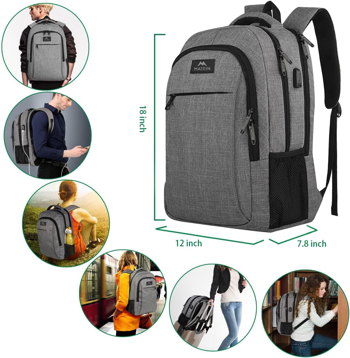 MATEIN Travel Laptop Backpack, Business Anti Theft Slim Sturdy Laptops Backpack with USB Charging Port, Water Resistant College School Computer Bag Gift for Men & Women Fits 15.6 Inch Notebook, Grey - Image 4