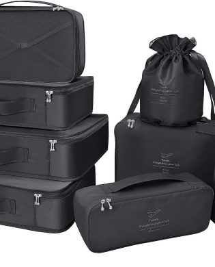 Packing Cubes 8 Sets/7 Colors Travel Luggage Organizers Include Waterproof Shoe Storage Bag Convenient Packing Pouches for Traveller (Black)