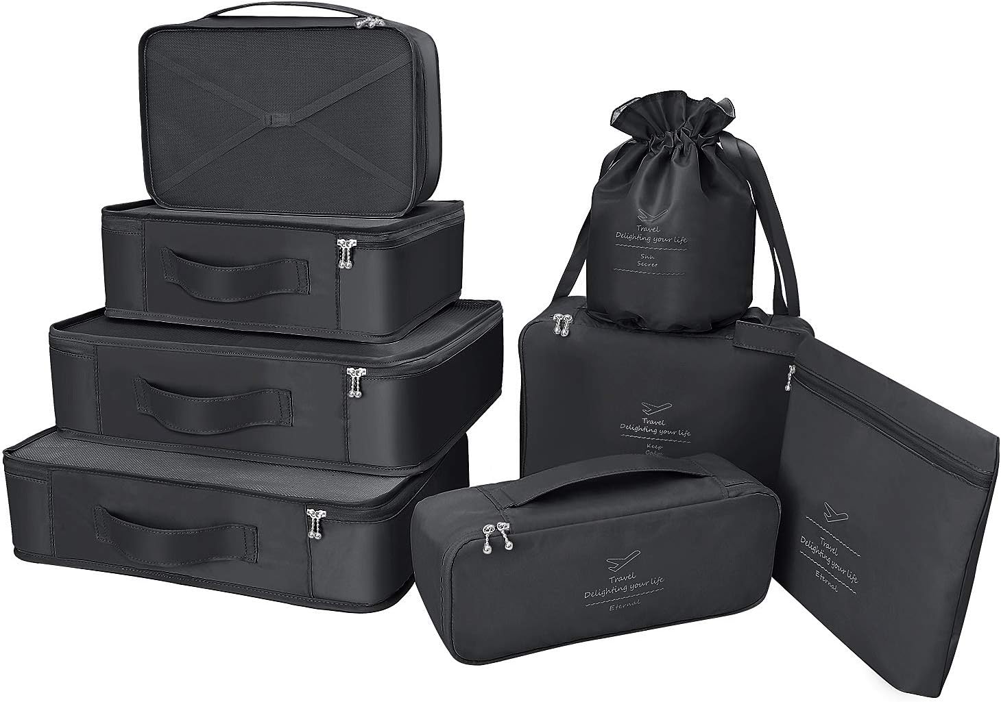 Packing Cubes 8 Sets/7 Colors Travel Luggage Organizers Include Waterproof Shoe Storage Bag Convenient Packing Pouches for Traveller (Black)