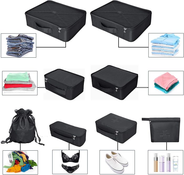 Packing Cubes 8 Sets/7 Colors Travel Luggage Organizers Include Waterproof Shoe Storage Bag Convenient Packing Pouches for Traveller (Black) - Image 4