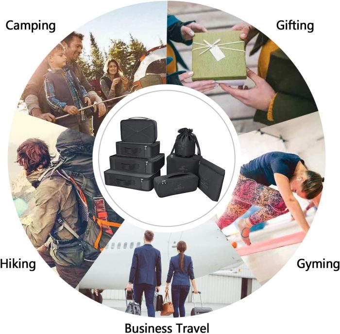 Packing Cubes 8 Sets/7 Colors Travel Luggage Organizers Include Waterproof Shoe Storage Bag Convenient Packing Pouches for Traveller (Black) - Image 7